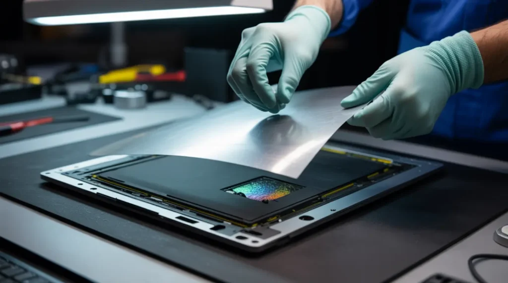 Close-up of a disassembled laptop screen showing the internal diffuser layer separated, revealing the cause of a white spot.