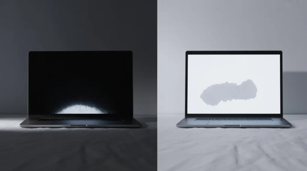 Side-by-side diagnostic comparison showing a laptop screen white spot visible on a black background versus a white background.