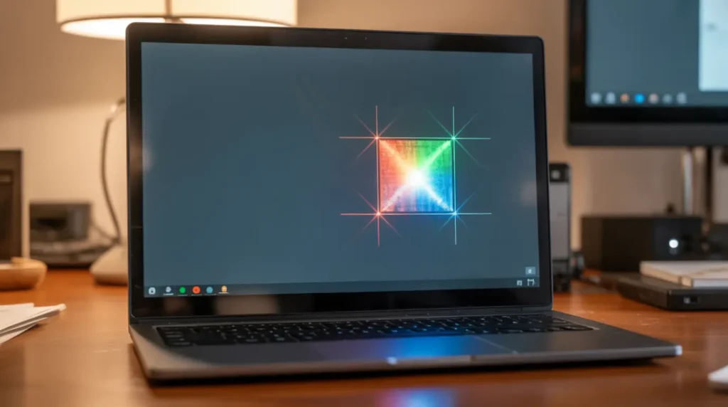 Laptop screen running a pixel repair tool cycling colors over a stuck white dot during a white spot fix attempt.