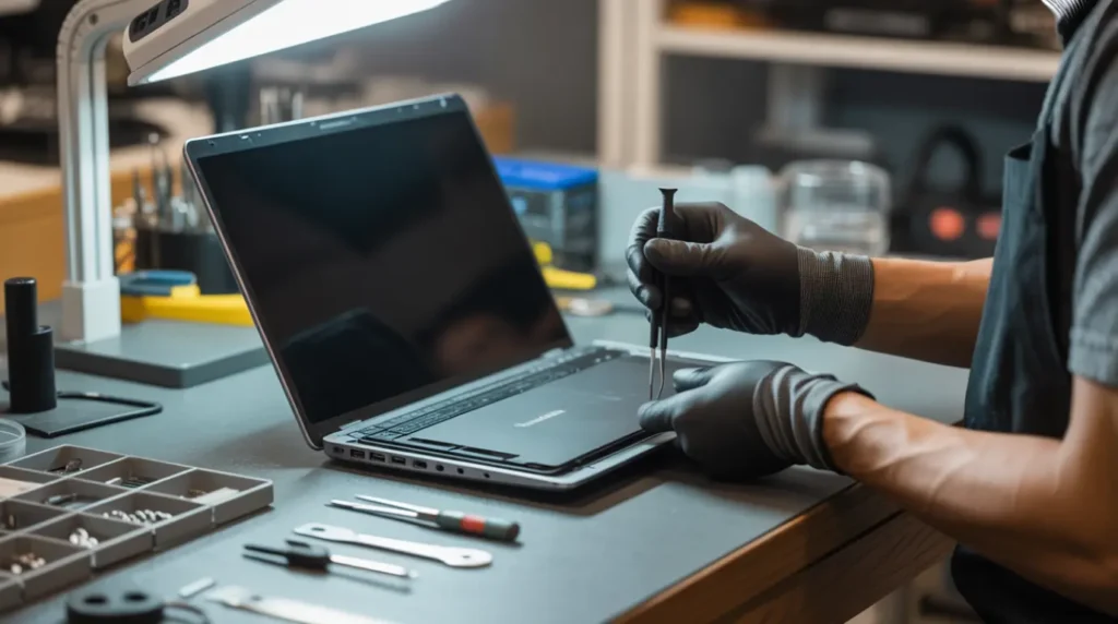 Laptop repair technician in gloves inspecting the internal backlight housing during a professional white spot screen repair.