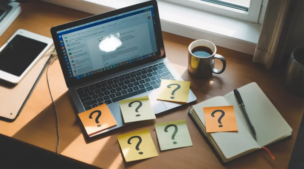 Overhead flat-lay of a laptop with a white spot surrounded by sticky note questions representing common user repair queries.