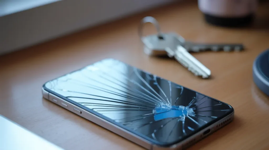 Overhead flat-lay of a damaged phone showing a blue blotch on the screen caused by internal panel pressure.
