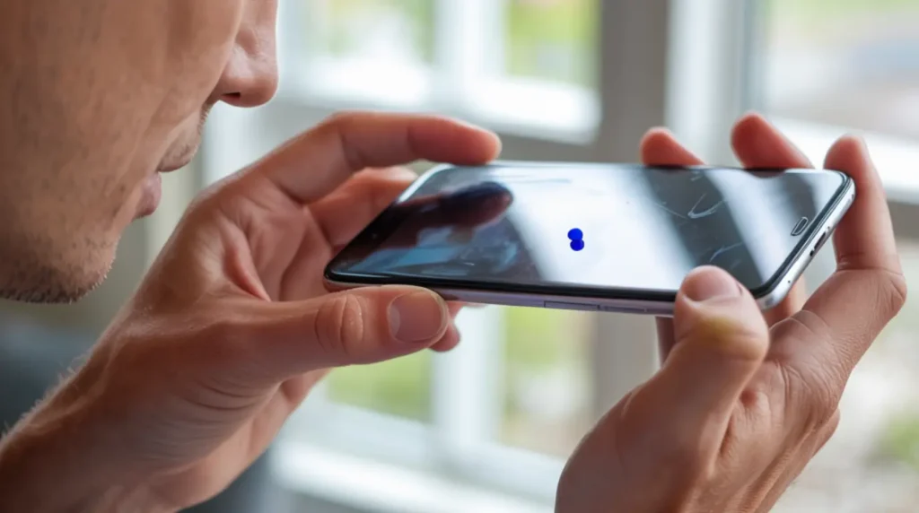 Person holding a phone up to window light to inspect a blue dot on the screen during home diagnosis.