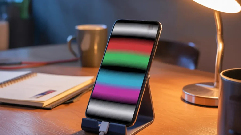 
Smartphone running a pixel fixer tool on a desk with charging cable connected and warm lamp lighting.