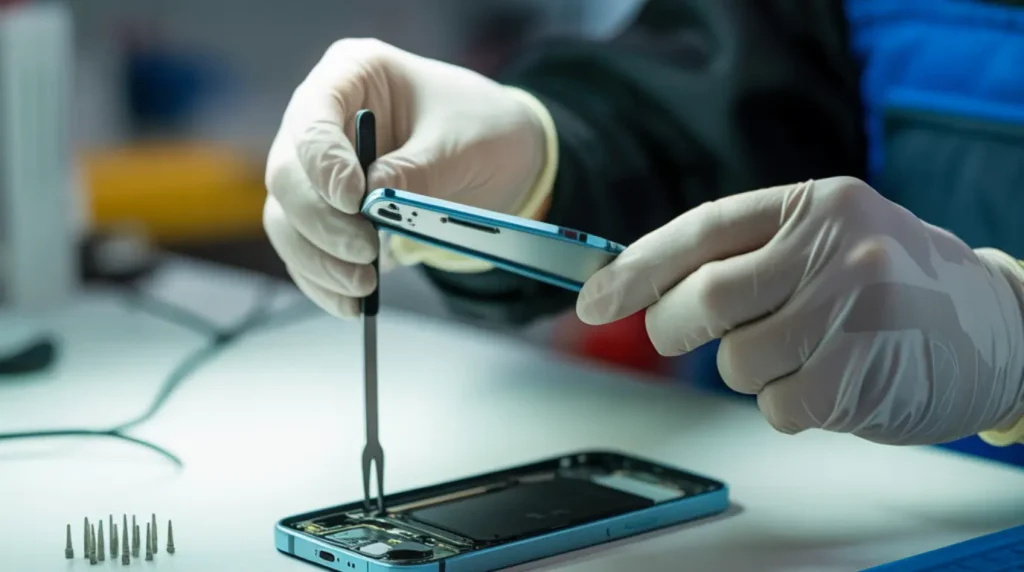 
Phone repair technician wearing gloves carefully opening a smartphone screen on a professional repair workbench.