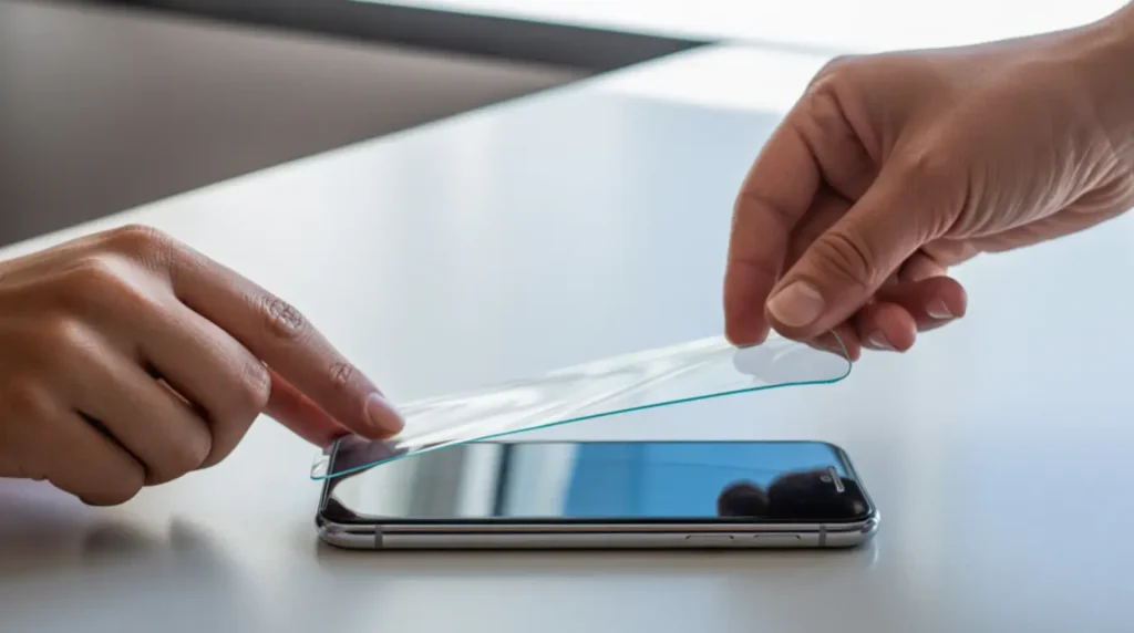 Two hands carefully applying a tempered glass screen protector to a smartphone on a clean white table.