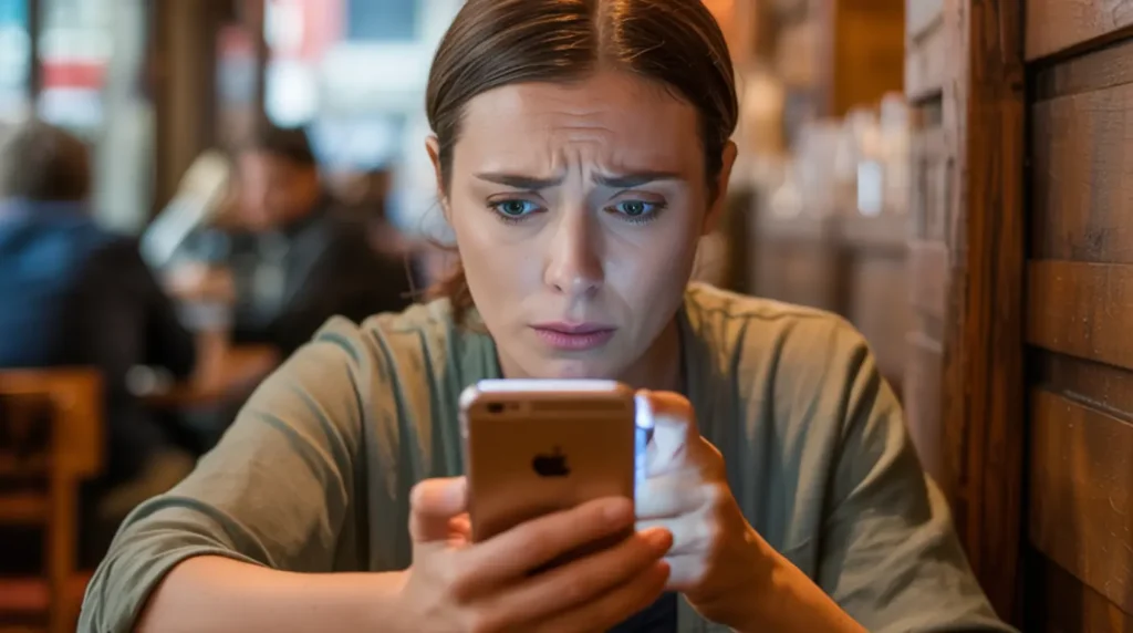 
Person at a cafe looking confused at their smartphone screen showing a blue dot display problem.