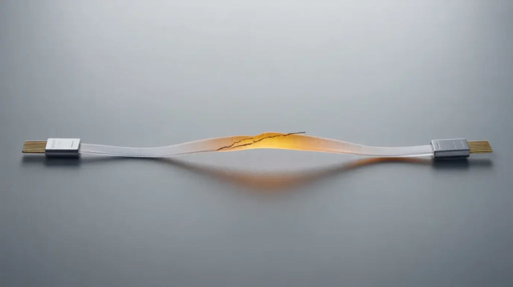Close-up of a damaged flexible display ribbon cable with visible micro-cracks on a gray surface.