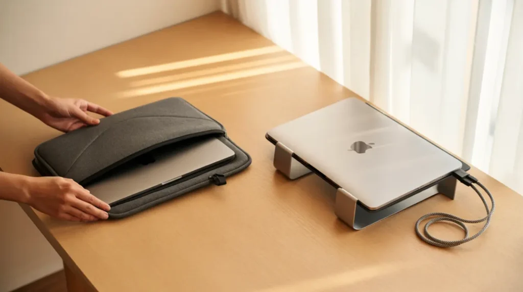 MacBook Pro being placed into a padded sleeve beside a ventilated laptop stand on a wooden desk.