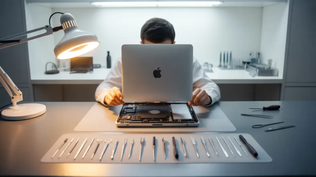 Apple repair technician inspecting open MacBook Pro display assembly under magnifying lamp in workshop.