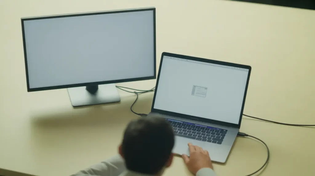 Person performing MacBook Pro diagnostic check with external monitor connected on a white desk.