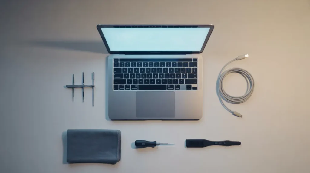 Flat lay of MacBook Pro with repair tools including screwdrivers, spudger, and microfiber cloth on gray desk.