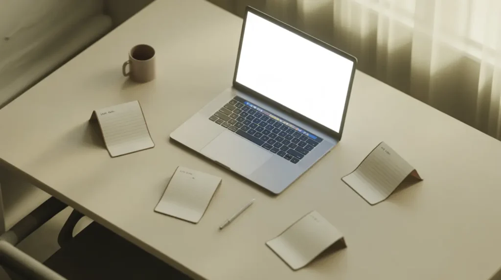 MacBook Pro open on a desk surrounded by blank note cards and a pen representing common user questions.
