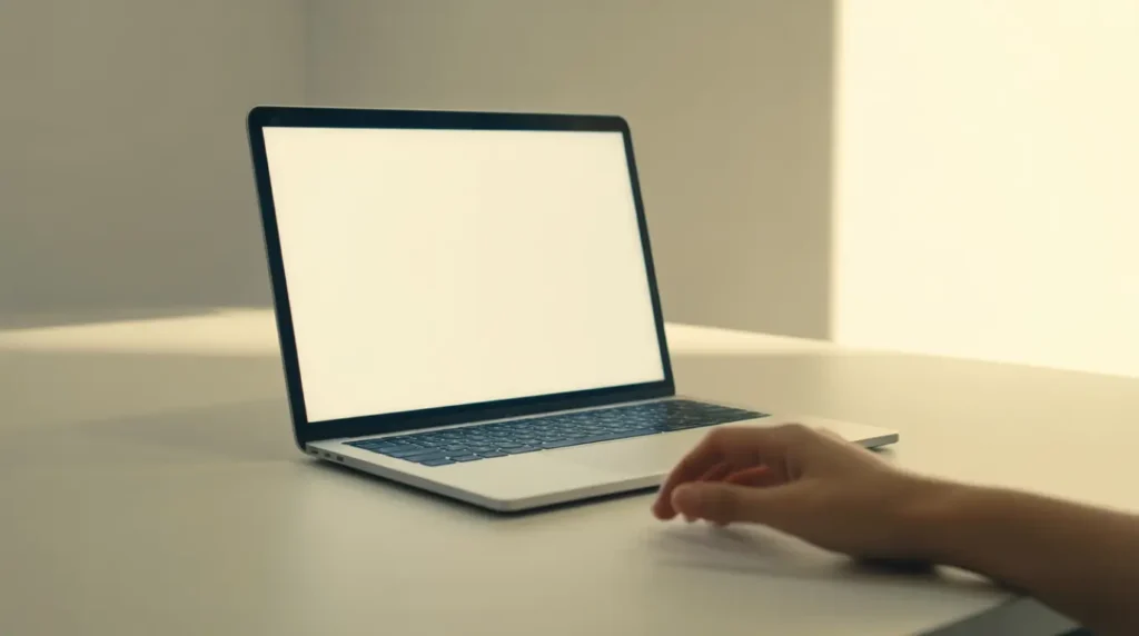 MacBook Pro with a perfectly clean glowing display open on a white desk showing a fully resolved screen.
