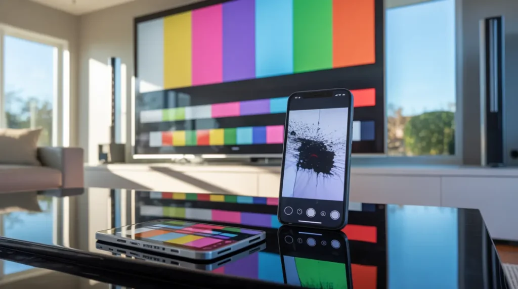 Diagnosing a black dot on a TV screen using color tests.