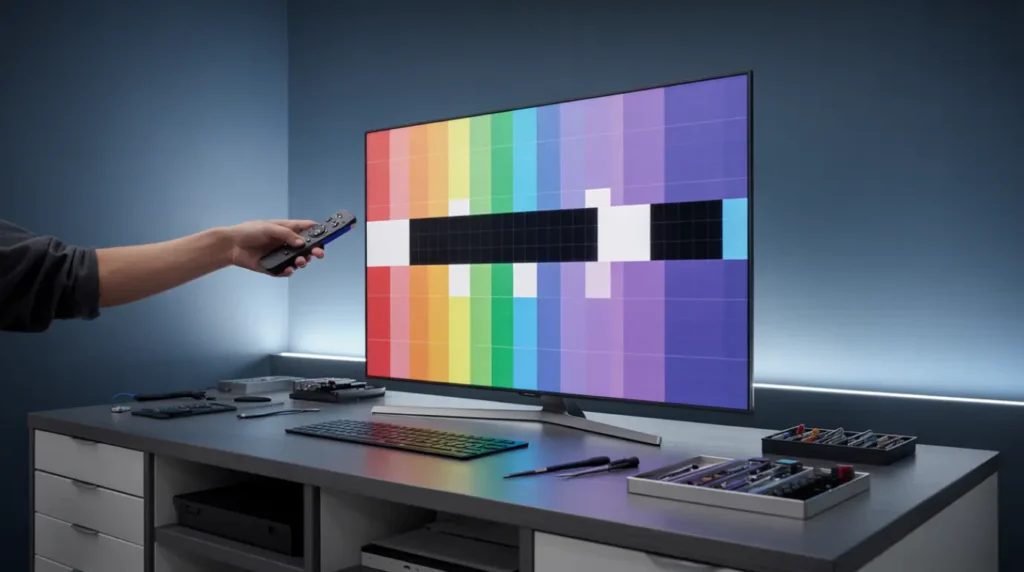 Fixing black dots on a TV screen using repair settings.