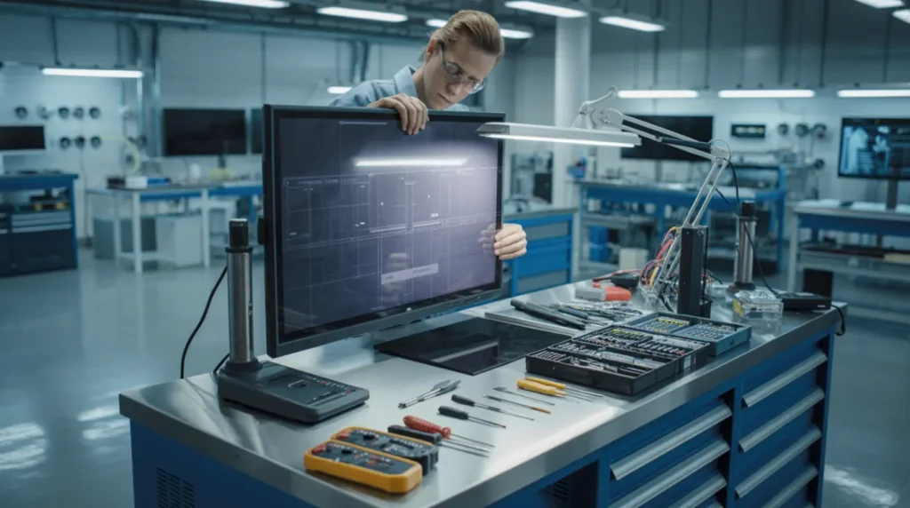 Professional technician inspecting a TV screen with black spot damage.