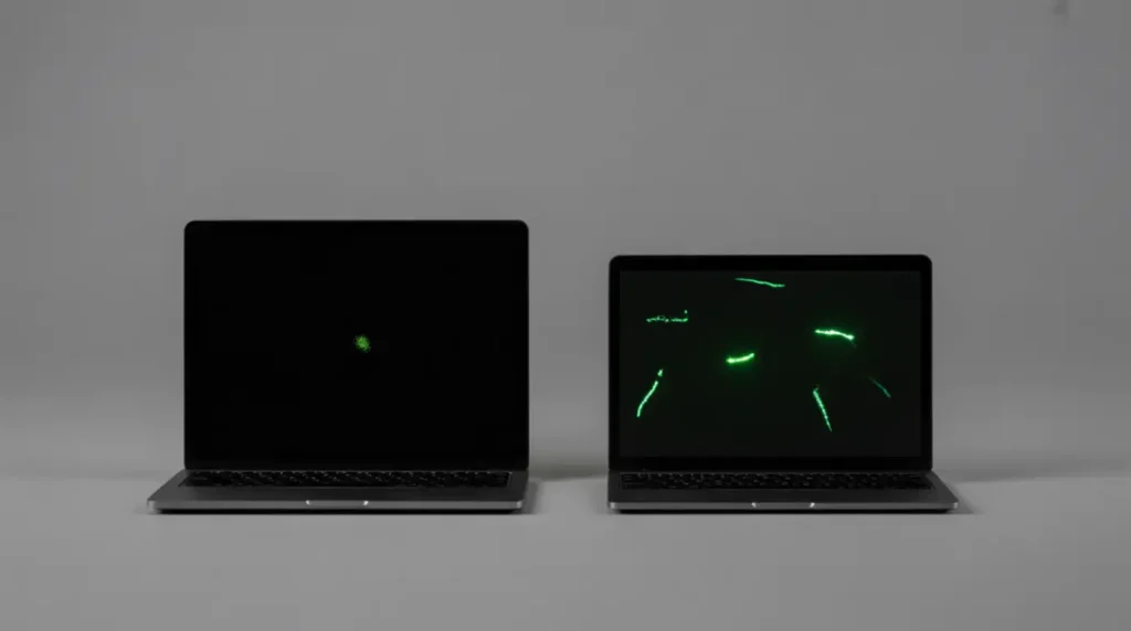 Comparison of a static green dot versus scattered flickering artifacts on two laptop screens.