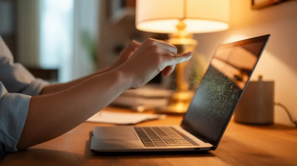 Hands gently flexing a laptop lid to test green dot screen artifacts.