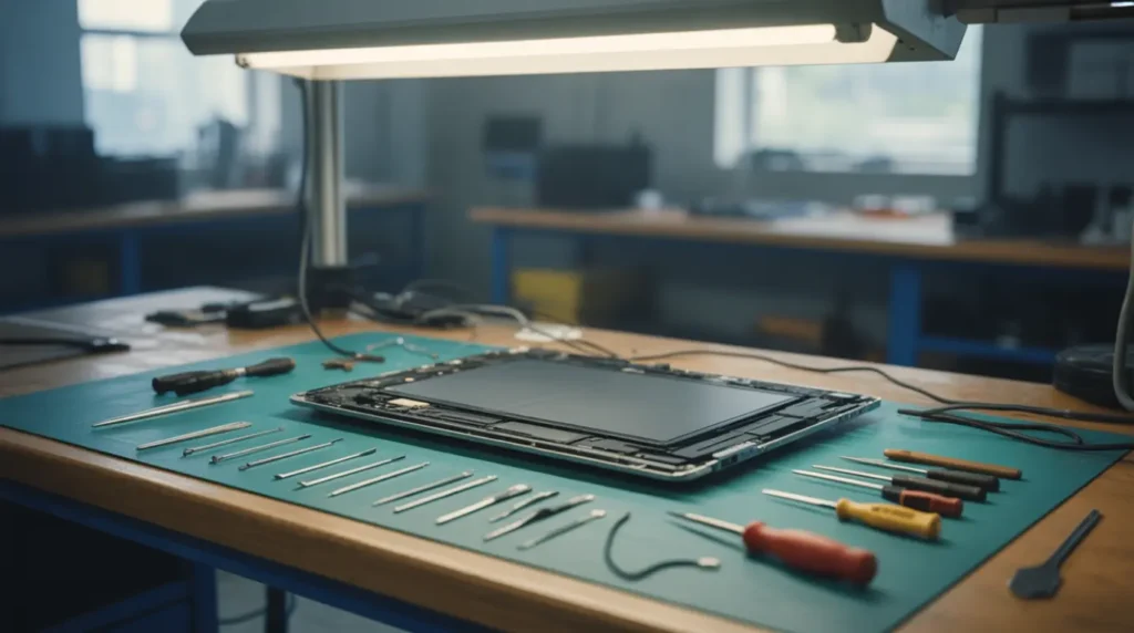 Disassembled laptop screen panel on a technician's repair workbench.