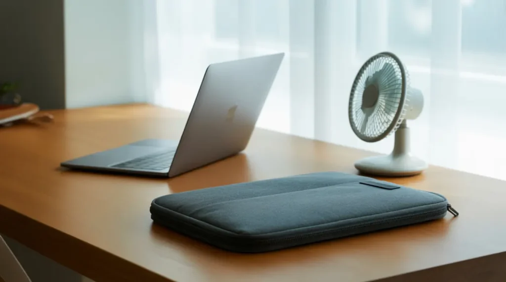 Laptop placed on a flat desk beside a padded protective sleeve.