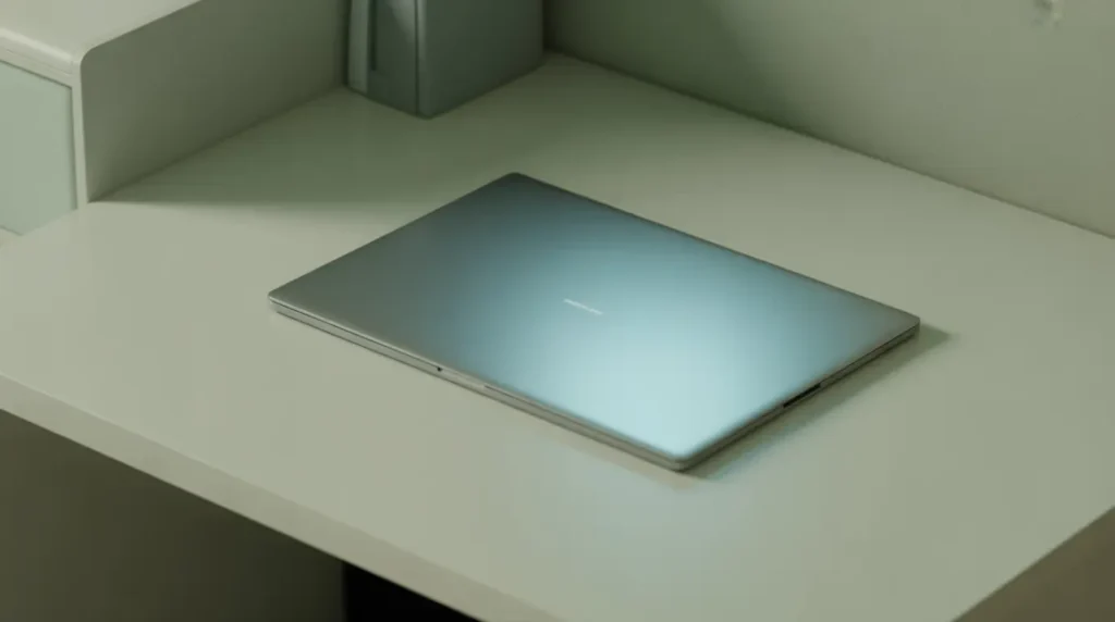 Laptop screen with soft ambient light reflection in a quiet home office.