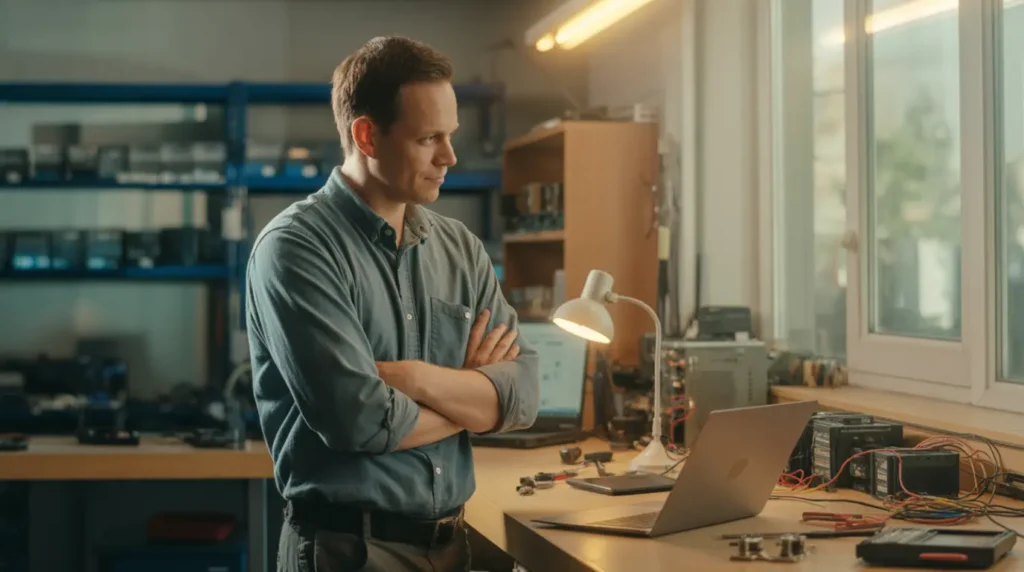 Technician reviewing an open laptop screen in a well-lit repair shop.