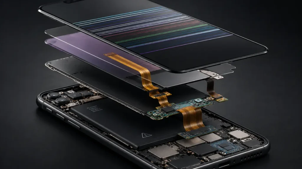Smartphone internal components showing possible causes of horizontal screen lines.