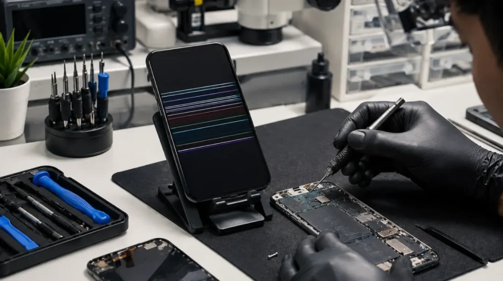 Technician troubleshooting a smartphone with horizontal lines on the display.