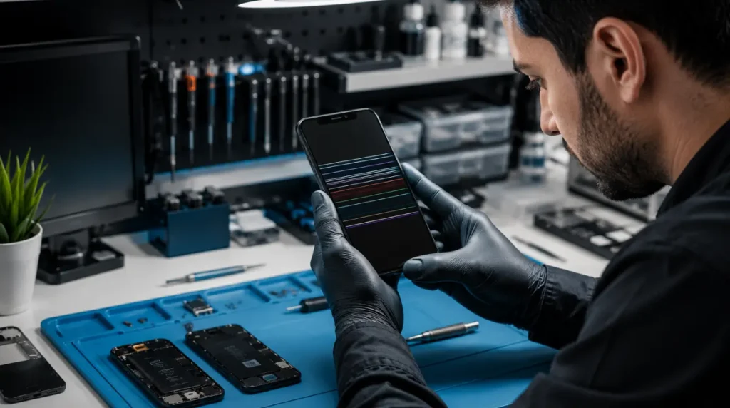 Mobile repair technician inspecting a phone screen with horizontal line issues.