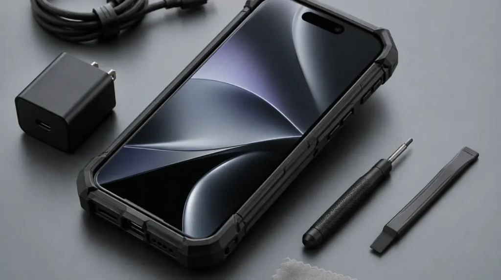 Protected smartphone with a durable case to help prevent screen damage.