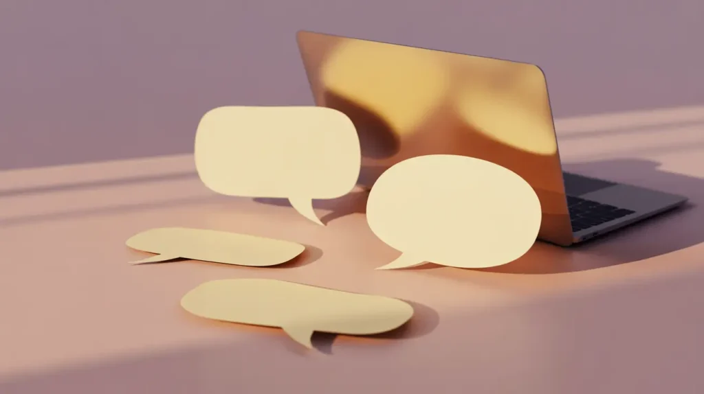Blank speech bubble cutouts beside a MacBook Pro with a warm screen glow.