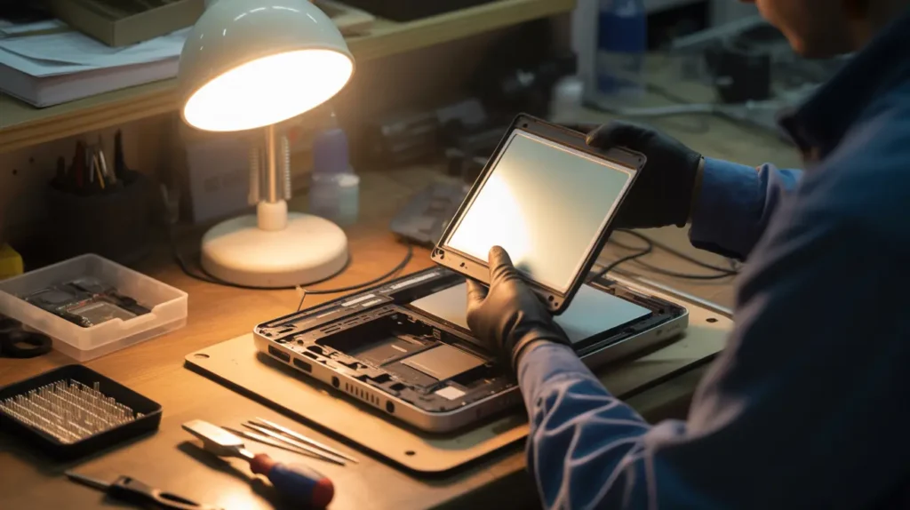 Technician inspecting a laptop screen panel on a repair workbench.