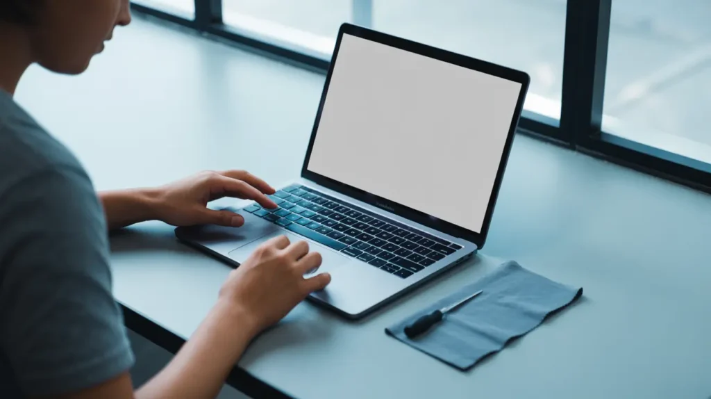 Hands working at an open MacBook Pro with repair tools nearby.