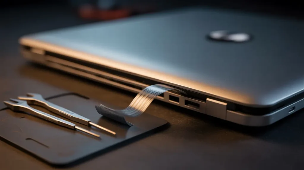 Macro view of a laptop display cable and repair tools on a workbench.