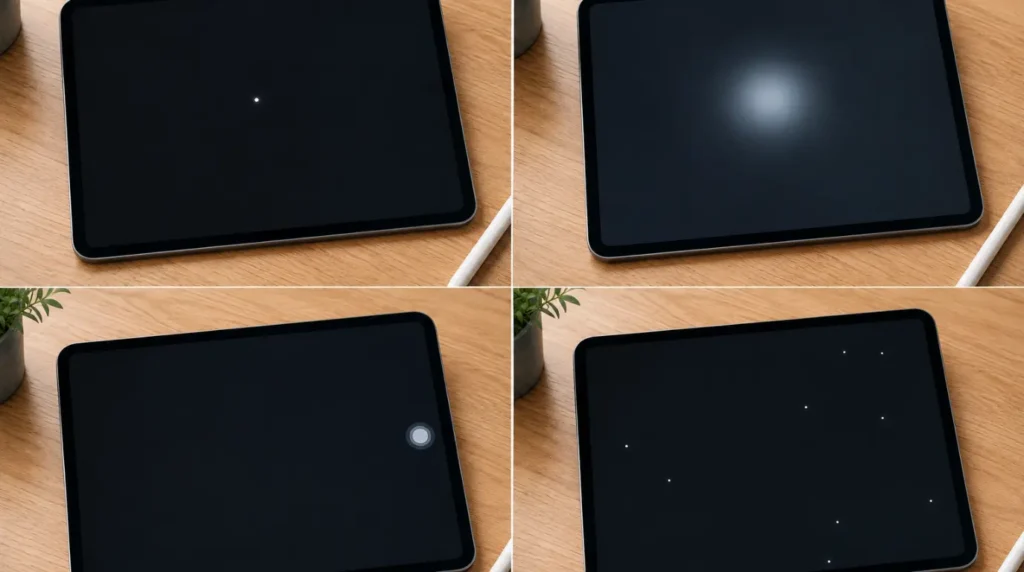 Different types of white spots and display artifacts that can appear on an iPad screen.