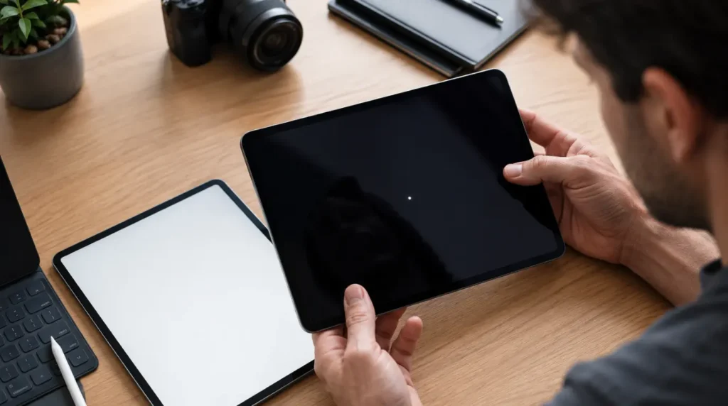 User diagnosing the cause of a white dot on an iPad display using screen tests.