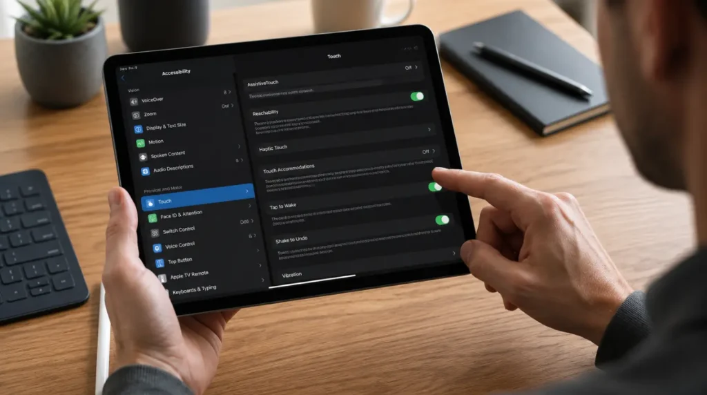 User troubleshooting a white dot issue on an iPad through settings and restart fixes.