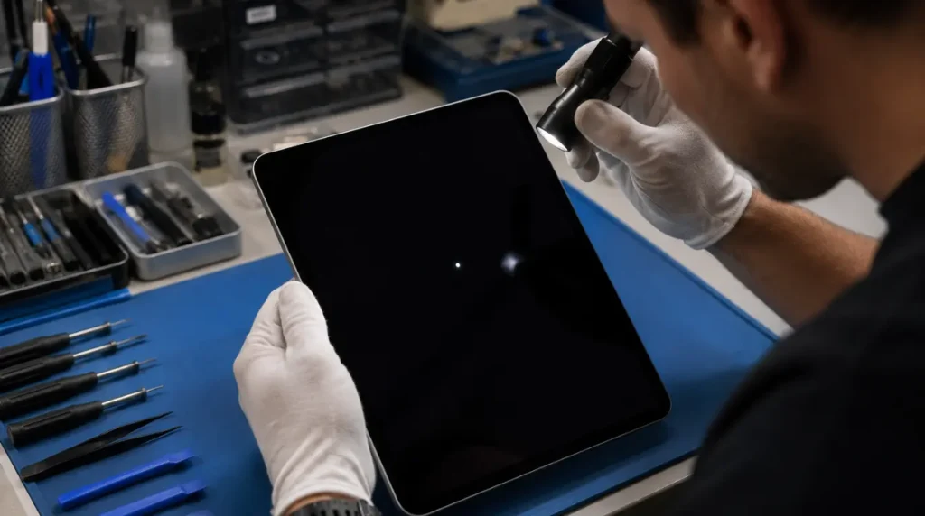 Technician inspecting an iPad screen for hardware damage causing white dots or bright spots.