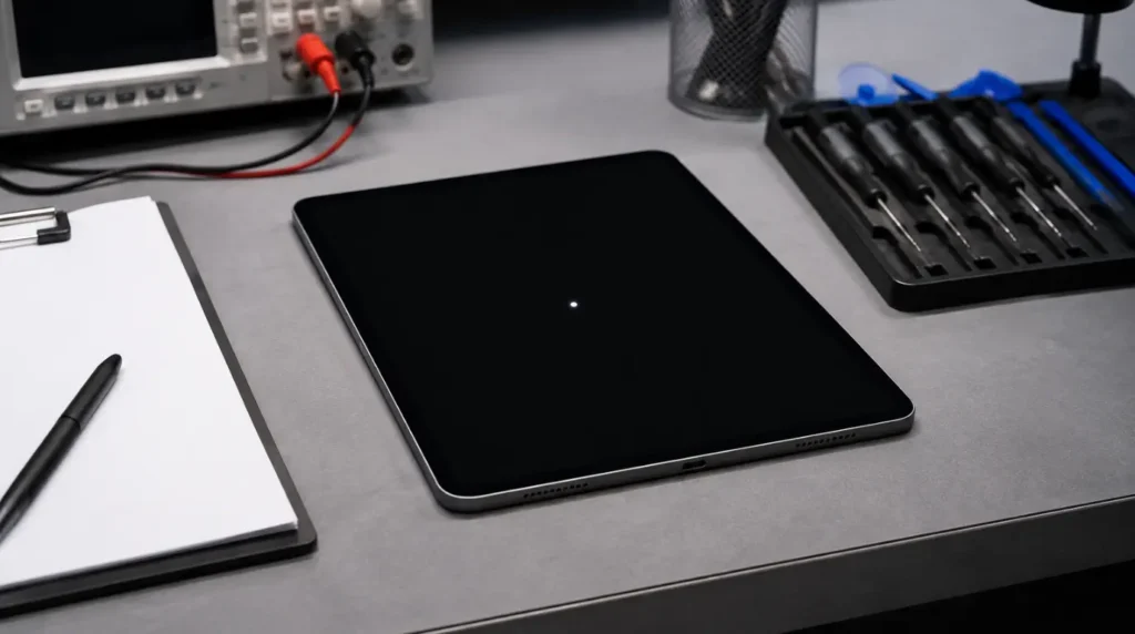 iPad undergoing professional evaluation for screen repair and display-related issues.
