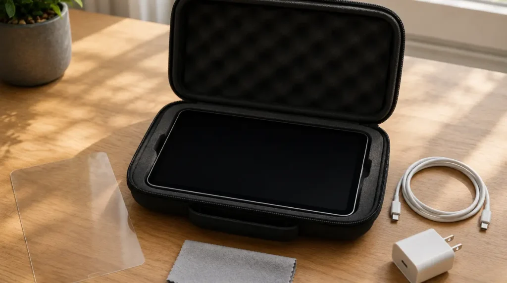 Protective case and proper storage helping prevent screen damage on an iPad.
