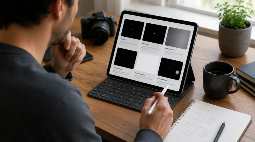 User researching answers to common questions about white dots appearing on an iPad screen.