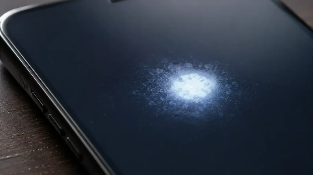 White patch on an iPhone screen caused by internal display damage.