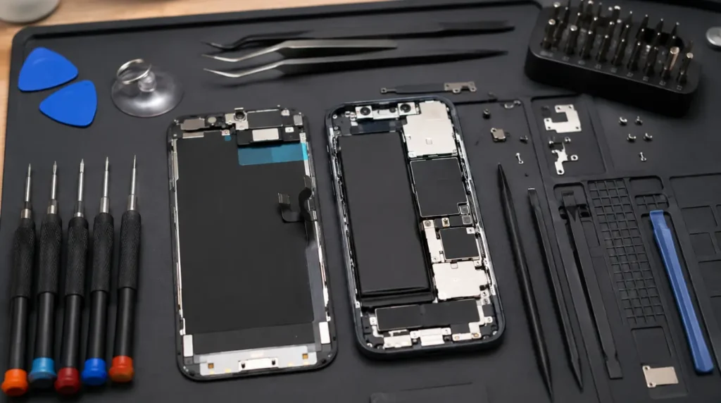 iPhone screen being repaired by a professional technician.