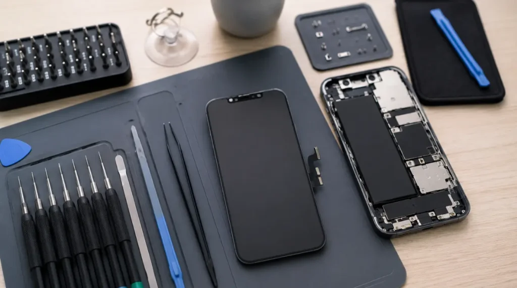 iPhone screen replacement parts and repair tools on a workbench.