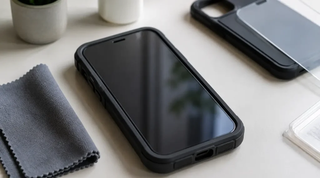 Protected iPhone with a screen protector and case to prevent display damage.