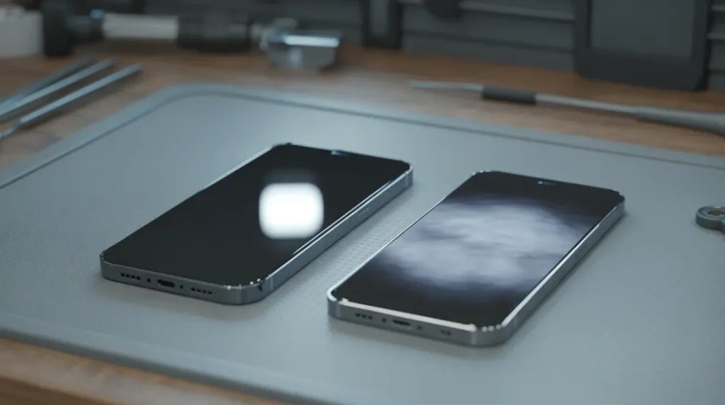 Two phone screens compared showing different types of white display spots