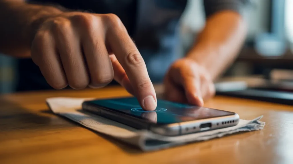 Technician pressing gently around a white spot on a phone screen to diagnose it