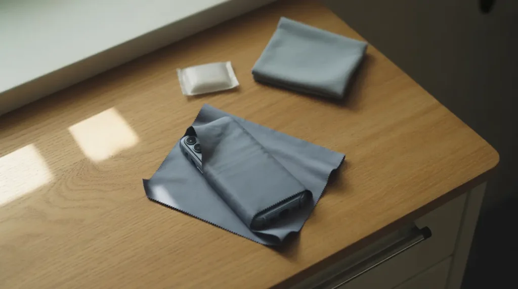 Phone wrapped in microfiber cloth beside silica gel packets for DIY screen fix