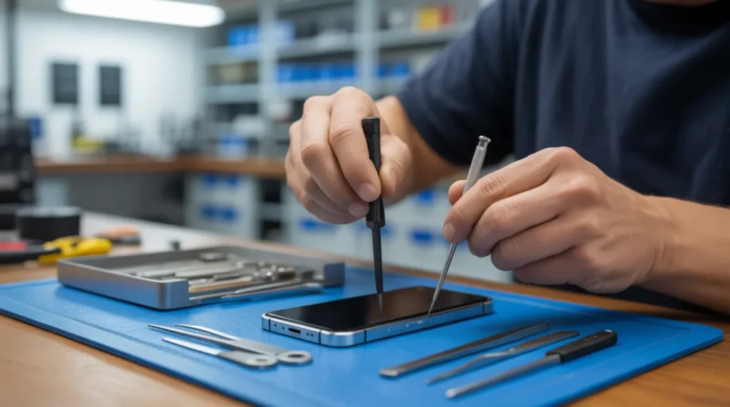 Repair technician opening a smartphone with precision tools on a workbench